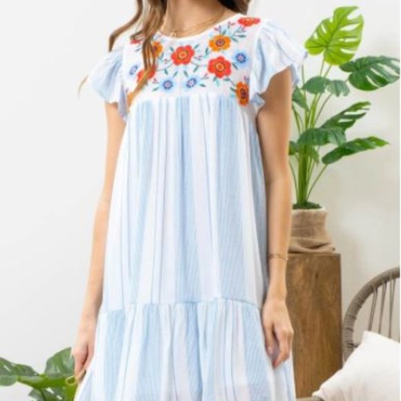Blu Pepper Striped Embroidered Dress - Picture 1 of 6